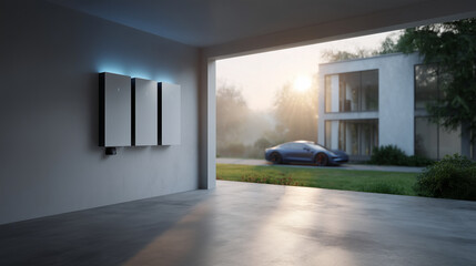 A highly detailed photorealistic scene of a modern home energy storage garage at sunrise. Three sleek white battery storage units are mounted on a clean wall with soft blue LED lig