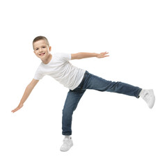 Portrait of cute little boy on white background