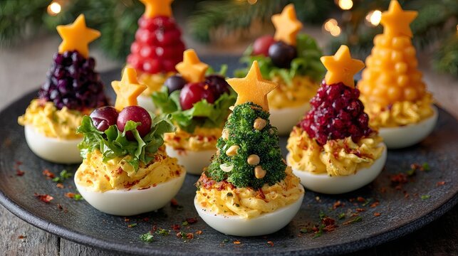 Festive deviled eggs bring holiday cheer to your table with star toppers and colorful fillings, perfect for Christmas gatherings and New Year's celebrations - Powered by Adobe