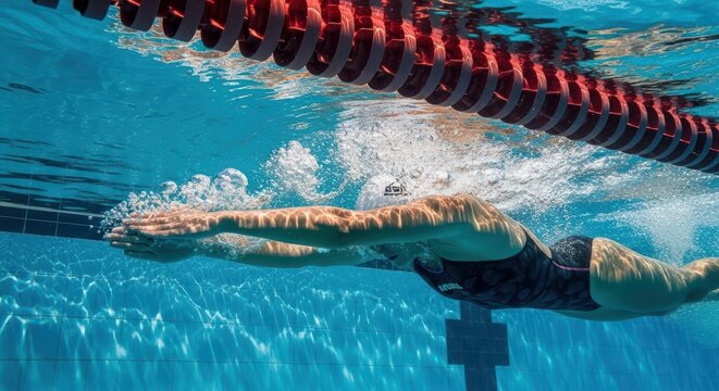Female swimmer underwater racing in pool with lane divider