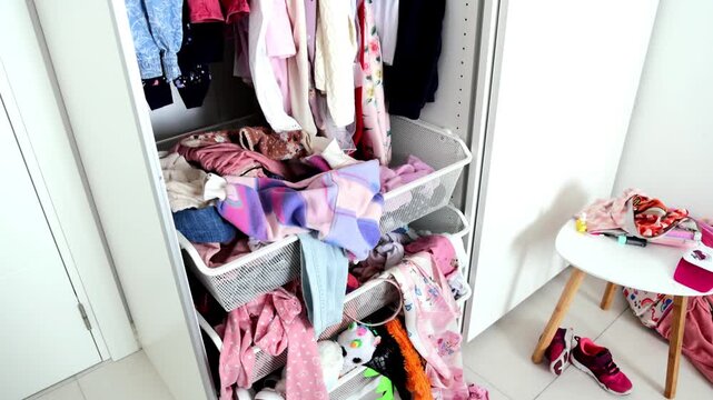 A chaotic teen girl wardrobe overflowing with clothes in a cluttered bedroom, illustrating disorder, parenting challenges, and the need for better organization