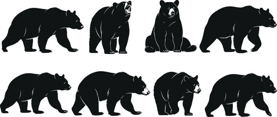 Set of Black Bear Silhouettes Walking Sitting Roaring Wild Animal Mammal Grizzly Nature Wildlife Danger Strength Power Vector Illustration Icon © Heyy there
