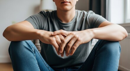 Contemplative young man sitting with crossed arms in thoughtful pose