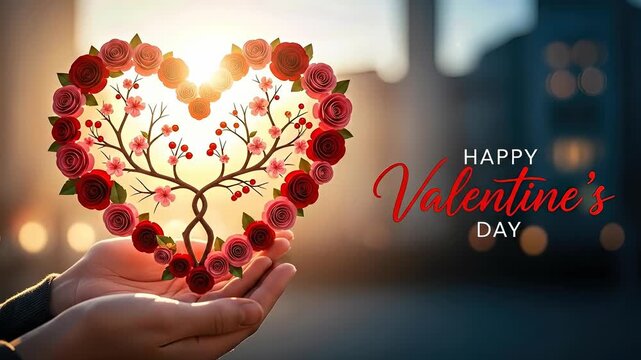 Gently holding a heart formed by roses and branches, celebrating love and joy with a warm glow, perfect for Valentine's Day greetings and promotions, warm wishes shared.