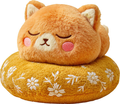 Sleeping plush cat toy isolated on transparent background