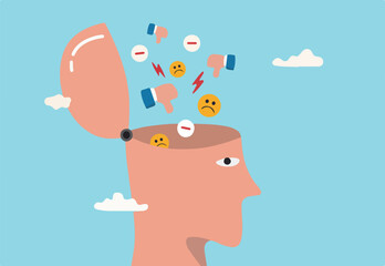 Negative thinking bad attitude cause of failure or fear, depression and sadness, emotional or mental problem, stress anxiety concept, human open head with negative symbol, thumb down, anger and chaos.