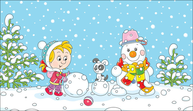 Happy little girl with a puppy making a funny snowman with a striped scarf and a bucket on its friendly smiling head on a beautiful snowy day in a winter park, vector cartoon illustration