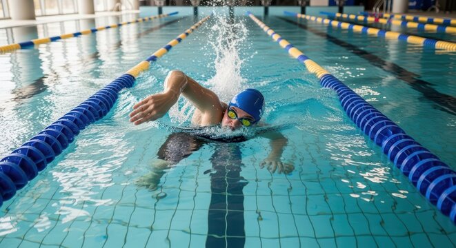 Young caucasian male swimming freestyle in indoor pool with blue cap and goggles
