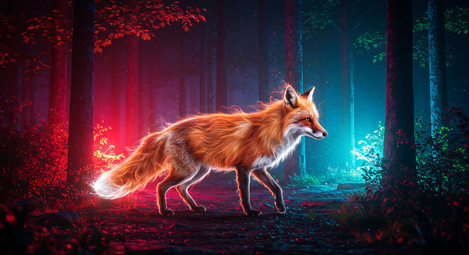 Fox Walking in an Enchanted Forest at Night - Powered by Adobe