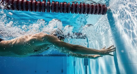 Male swimmer underwater in competition pool reaching for the wall