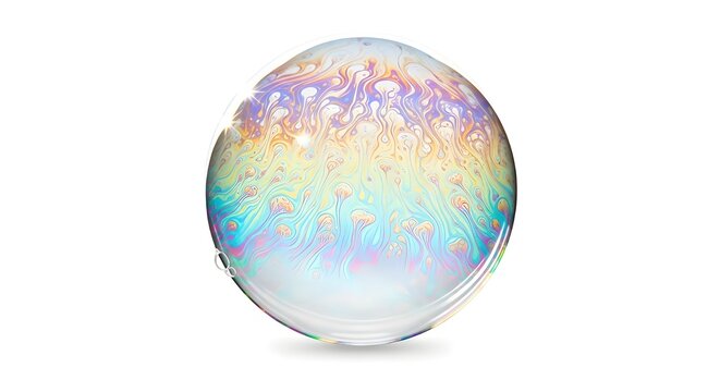 Close up of a soap bubble with iridescent colors and swirling patterns on a white background