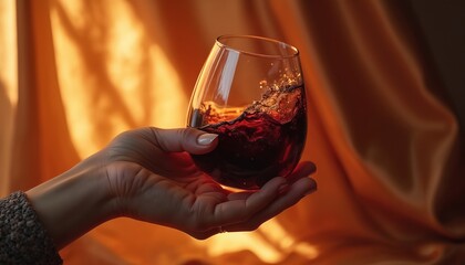 Woman hand holding glass with dark red wine. Liquid splashes in glass. Warm light illuminates fabric background. Elegant beverage enjoyment.