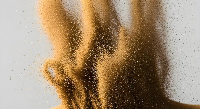 Close up of flowing golden glitter particles against a light gray background in a dynamic motion shot
