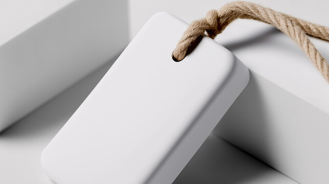 White rectangular tag on thick twine placed in the corner of geometric blocks &mdash; label mockup in an interior styling presentation.