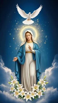 Blessed Virgin Mary in graceful pose, pure lilies bloom. Golden aura shines, holy dove descends. Blue sky, soft clouds. Immaculate Conception, December eighth, Christian festival.