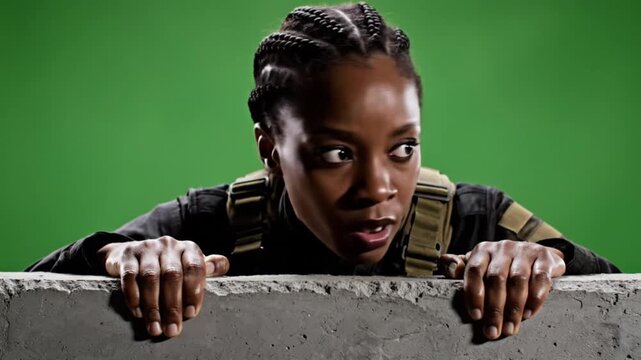 Intense black woman soldier in tactical gear peeking over concrete barrier against green screen