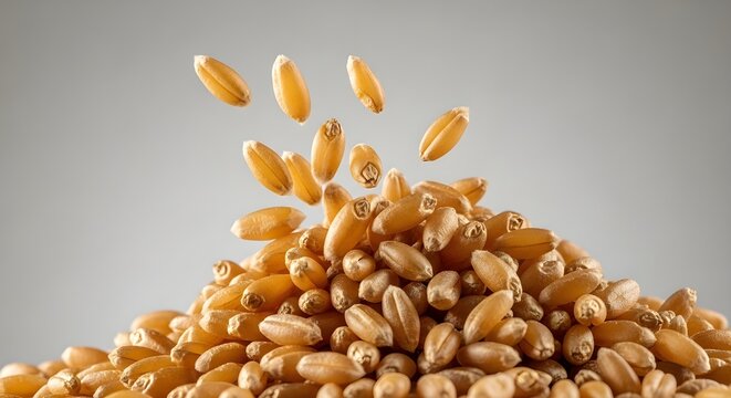 Close up shot of a pile of wheat grains with some falling against a light gray colored background