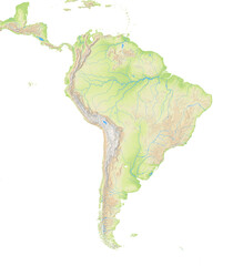 Map of South America showing the isolated landmasses with relief representation, rivers, lakes. No boundaries. No labels at all.