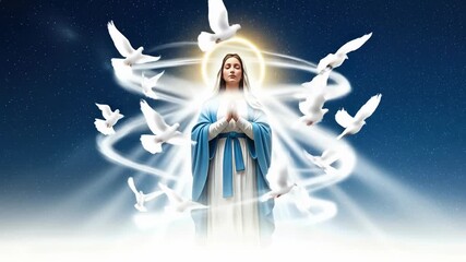 Virgin Mary prays with devotion, pure white doves soar through a dark starry celestial sky. Divine light radiates brightly, celebrating the Immaculate Conception.