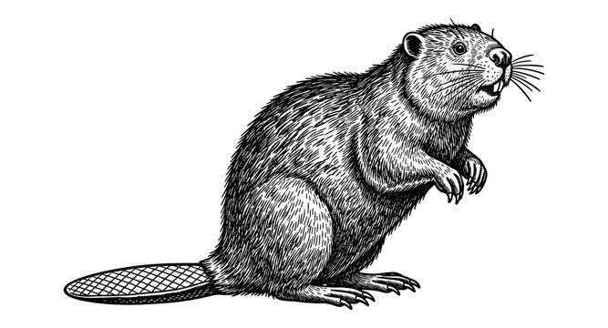 Intricate black and white engraving of a beaver in traditional style
