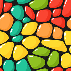 Seamless pattern of colorful stone shapes, mosaics, and abstract forms in a flat style.