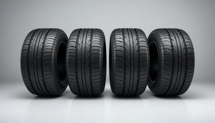 Four black car tires arranged in a row on a gray background. The tires have visible tread patterns and are suitable for various vehicles.
