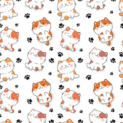 Seamless pattern with cute kawaii cats, fabric print