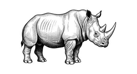 Fototapeta premium Intricate monochrome rhino: detailed black and white ink sketch of a majestic rhinoceros