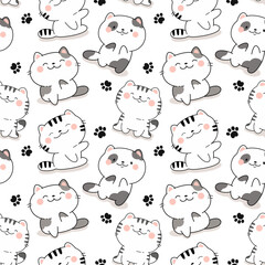 Seamless pattern with cute kawaii cats, fabric print