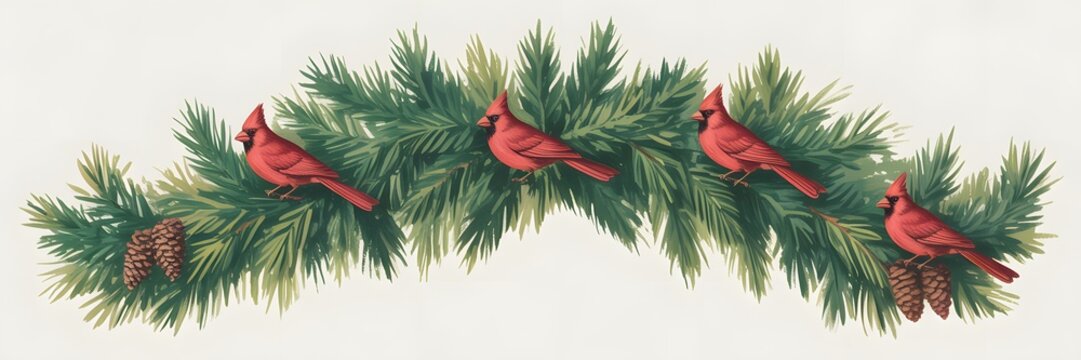 Festive christmas garland with cardinals and pine cones isolated on white background