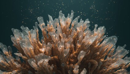Golden and transparent coral branches underwater with sparkling particles and soft teal light