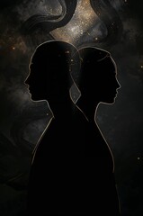 Elegant artistic silhouettes of man and woman with golden cosmic accents on dark background