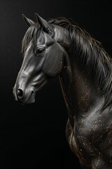 Majestic black horse with golden glowing accents on dark luxury background