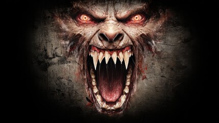 Dark creature with fierce eyes and sharp teeth growling against a distressed background at night