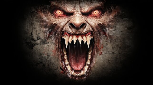 Dark creature with fierce eyes and sharp teeth growling against a distressed background at night - Powered by Adobe