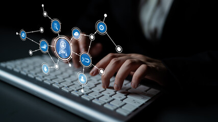 A captivating image illustrating hands typing on a keyboard, surrounded by digital icons symbolizing data connections and modern technology in a contemporary workspace. Tessel