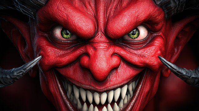 Mythical red demon with sharp teeth and menacing glare in a dark background