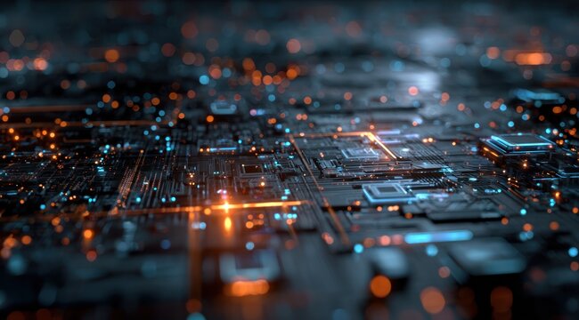 Glowing abstract circuit board with blue and orange lights bokeh background