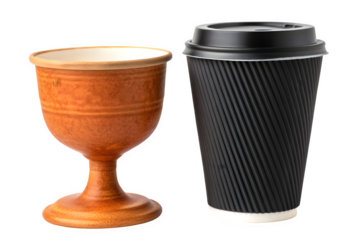 Ancient wooden goblet and modern paper coffee cup isolated on transparent background
