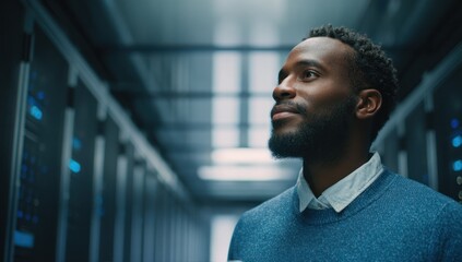 Man looking up in a dimly lit server room aisle