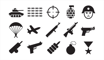 Obraz premium Vector Army Symbols Collection Including Ammunition, Aircraft, Medals, and Combat Gear