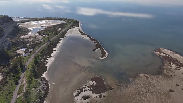 Bird Paradise Aerial View Showing Structured Salt Ponds Adjacent to a Natural Shoreline and Dry Land. Karsiyaka, Izmir - Turkey