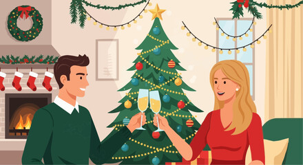 Couple celebrating with champagne near fireplace and Christmas tree, Christmas holiday concept