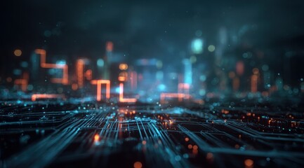 Abstract glowing circuit board lines with city lights bokeh background.