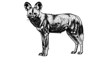 Detailed monochrome sketch of an african wild dog in profile