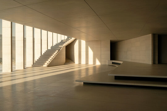 Minimalist architectural interior with geometric staircase, long window shadows, and warm natural sunlight. Clean lines and spacious modern design ideal for architecture and interior concepts.