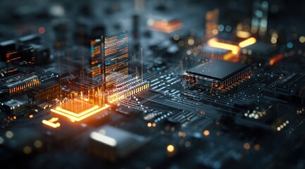 Glowing digital circuit board with abstract data streams and bokeh lights.