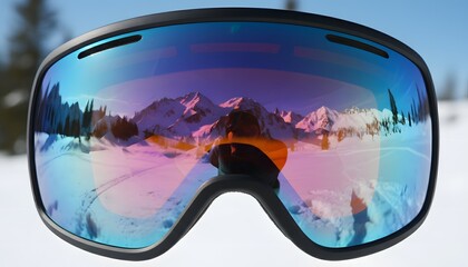 Ski goggles reflecting snowy mountain landscape winter recreation on blue sky with clouds and sunshine scenic view in alpine mountains