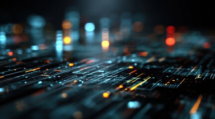 Abstract digital circuit board with glowing blue and orange lights