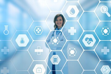 Female doctor with stethoscope in modern clinic overlaid with hexagonal grid of medical icons symbolizing digital healthcare